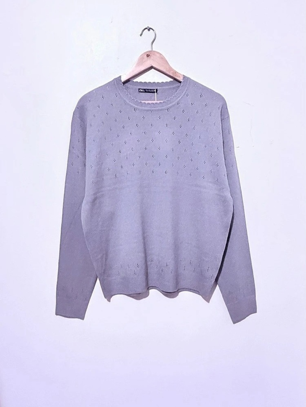 ZARA Women Large Sky Blue Pointelle Knit Jumper Polka Dot Sweater NWT